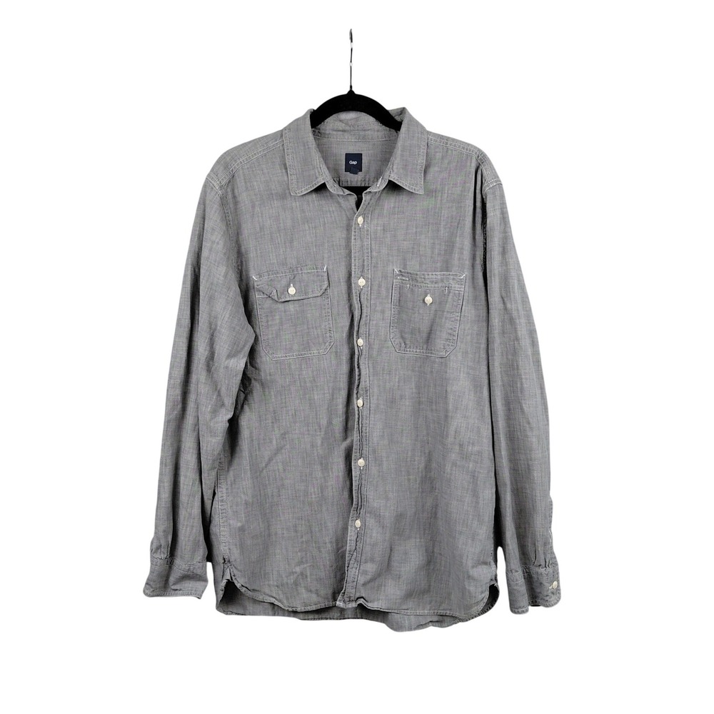 Gap Chambray Work Shirt Men Size L Long Sleeve Button‎ Up Casual Gray Cotton
